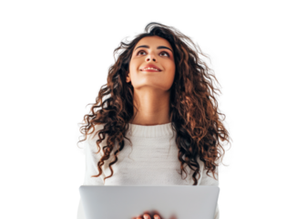 Young Latina Woman with Tablet Smiling Upward