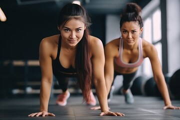 Fototapeta na wymiar Young woman does push-ups to keep healthy in spacious gym. Couple of sportive young adults faces challenging workout with efforts to perform push-ups to maintain health in gym.