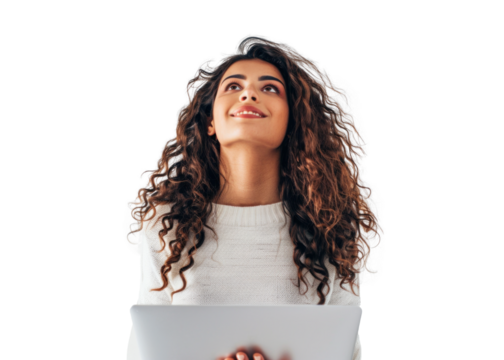 Young Latina Woman with Tablet Smiling Upward