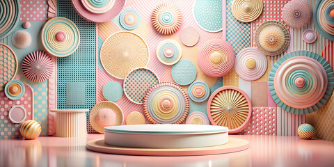 patterns, , circle, stage, wallpaper in 3D style, colors, shapes, graphics, design, illustration, soft beige tones, soft pink, soft tones, light colors, AI generation, texture, 3D, graphics, design,  - obrazy, fototapety, plakaty