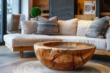 A wooden bowl coffee table in a modern living room with a white sectional sofa and a gray rug. - obrazy, fototapety, plakaty