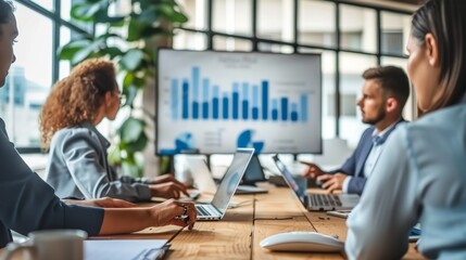 Employees of the corporate division actively discuss strategic plans and tasks at a meeting in the conference room.