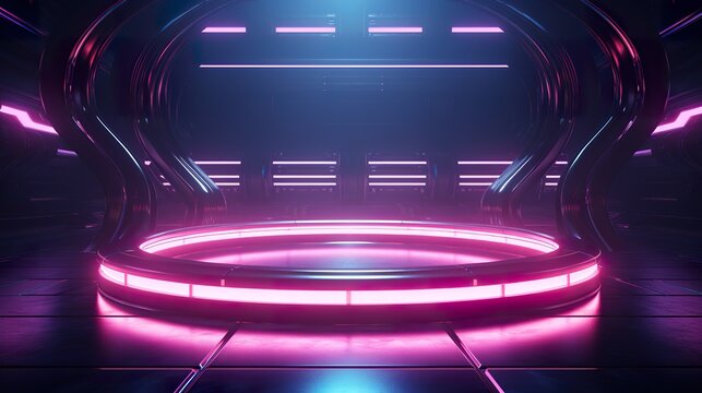 Focus on circular minimalist stage with neon lights, seapunk lights, detailed textures, turquoise and magenta futuristic scene