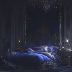Elegant and Spacious Blue Bedchamber with Intricate Decor and Grandeur