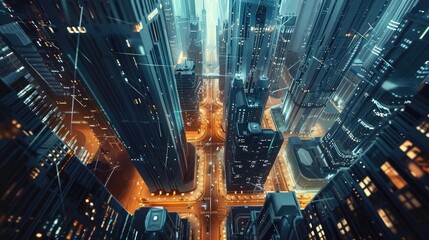A stunning aerial view of a futuristic city skyline, with sleek skyscrapers and illuminated streets...