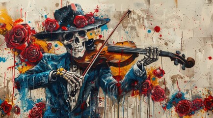 Skeleton playing violin on rose background