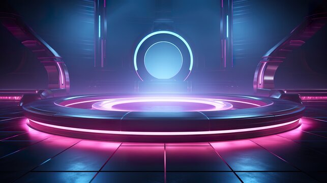 Focus on circular minimalist stage with neon lights, seapunk lights, detailed textures, turquoise and magenta futuristic scene