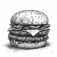 Hamburger in black and white, showcasing all its components - bun, patty, lettuce, tomato, cheese, and condiments.