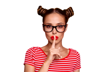 Shh! Portrait of attractive mysterious girl in glasses gesturing silence sign with forefinger red pout lips looking at camera isolated on red background