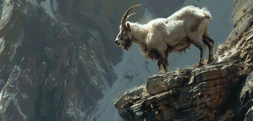 A stoic mountain goat navigates the rugged terrain of a steep cliffside with surefooted...