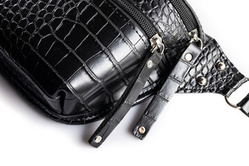 Black Crocodile Leather Banana Bag Black Business Office bag with zipper on isolated