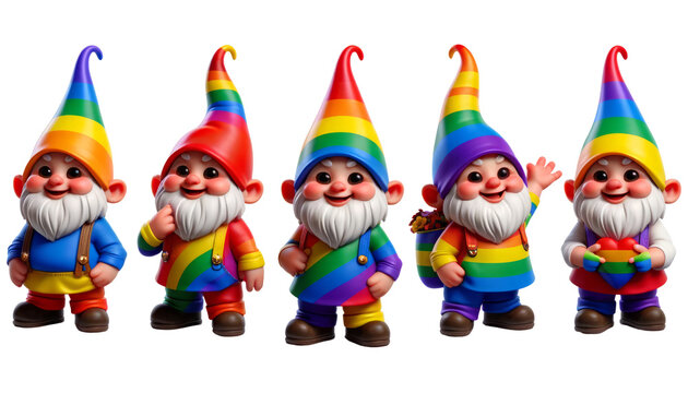Five colorful gnomes with rainbow hats and rainbow clothes, Pride Month and Day, LGBTIQ+ , 3d render, clipart, isolate on white background.