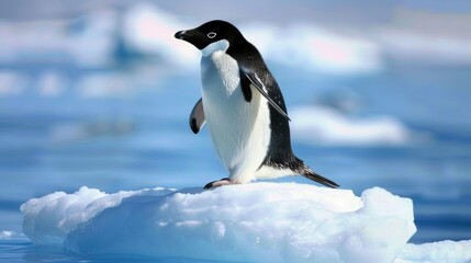 Obraz premium An Adelie penguin is perched on top of an ice floe
