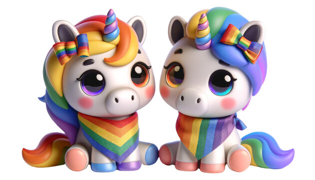 Two unicorns with rainbow hair and rainbow necklaces, Pride Month and Day, LGBTIQ+ , 3d render, clipart, isolate on white background.
