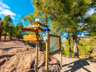 Signs for the trekking trails at Roque Nublo in Gran Canaria, Canary Islands.