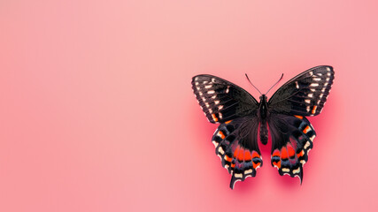 A dark mysterious butterfly with vivid orange and white spots contrasts against a soft pink...