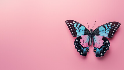 A striking blue and black butterfly with eye-catching patterns showcasing its wings against a pink...