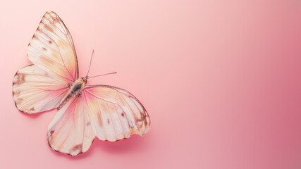 A gentle white butterfly with subtle patterns displayed on a plain pink backdrop, conveying...