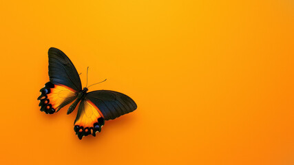 An iridescent blue and orange butterfly with wings open wide against a monochrome orange backdrop,...