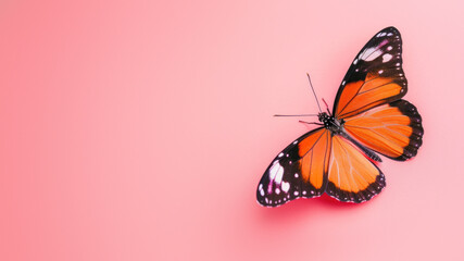 A breathtaking orange monarch butterfly poises elegantly on a muted pink canvas, exuding charm