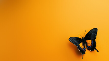 A beautifully detailed black swallowtail butterfly against a vivid yellow backdrop, symbolizing...