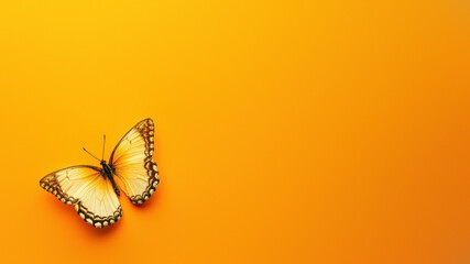 An exquisite yellow and brown butterfly sits gracefully on a uniform yellow background,...