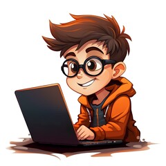 Cartoon boy with glasses working on a laptop, illustration