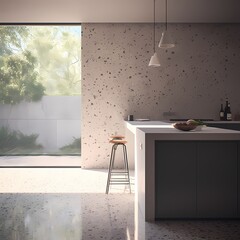Contemporary Open-Plan Kitchen Bathed in Natural Light, Featuring Stylish Concrete Walls, Sleek Cabinetry, and Modern Decor