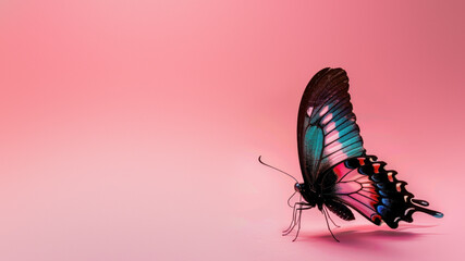 A stunning iridescent blue butterfly with black outlines sits on a soft pink background, showcasing...