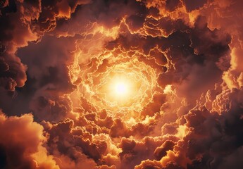 A radiant sun shines at the center of a fiery cloudscape, evoking a sense of awe and the sublime power of nature. - obrazy, fototapety, plakaty