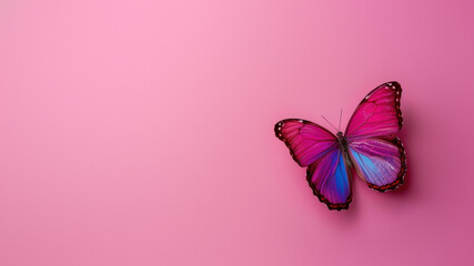 A stunning image featuring a vibrant pink butterfly with detailed wings spread on a uniform pink...