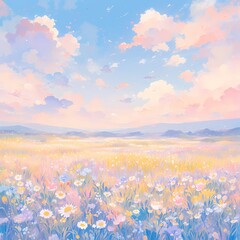 Majestic Fields of Blooming Wildflowers: A Pastoral Paradise for Advertising and Artwork