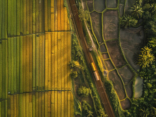 Aerial view of train crossed paddy field during sunset - ai