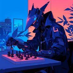 An android robot engrossed in a game of chess against itself under an atmospheric play of light and shadow.
