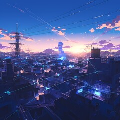 Explore the city's futuristic alleyways at dusk in this vibrant, detailed illustration. Perfect for urban planning projects or tech-forward branding.