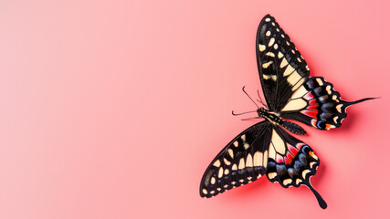 The striking wings of a swallowtail butterfly contrast beautifully with the vibrant pink...