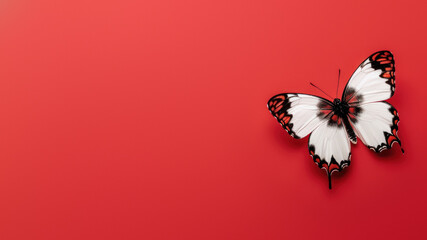 A delicate white butterfly with intricate black markings and hints of orange rests on a plain red...