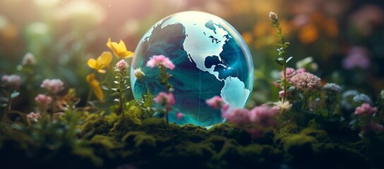 World of the global environment surrounding a green, landscape earth globe concept. Saving electricity