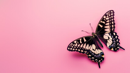 Stunning black and white butterfly with detailed wing patterns, set on a minimalist pink...