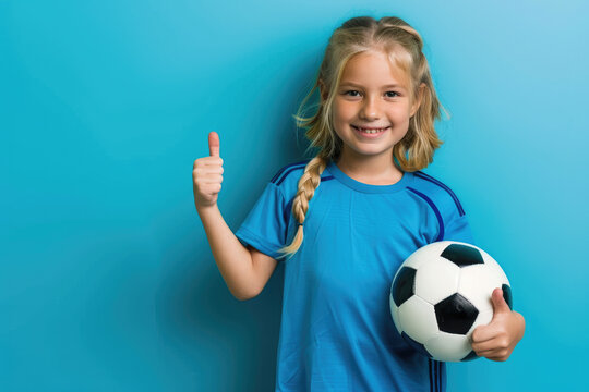 young blonde girl wearing blue football kit, holding soccer ball and giving thumbs up on solid color background