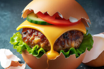 A hamburger with cheese, lettuce, cucumber and tomato is born from an egg.