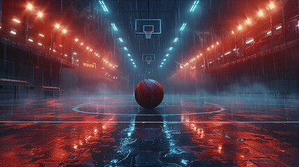 Basketball Arena with Basketball Ball -ar _ ,
Fire basketball court concept illustration
 - obrazy, fototapety, plakaty