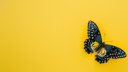 This image displays a striking contrast with a bold blue and black butterfly centered on a clean...