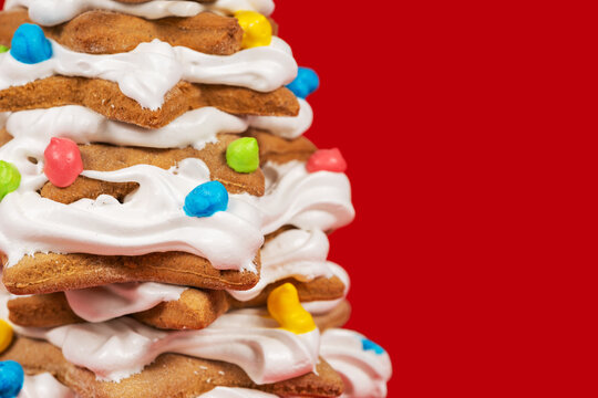 Gingerbread tree banner Christmas cookies. Concept of traditional holiday baking.