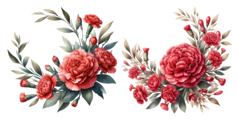 Foto op Plexiglas Red carnation round wreath watercolor illustration material set © Lapis