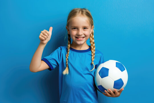 young blonde girl wearing blue football kit, holding soccer ball and giving thumbs up on solid color background