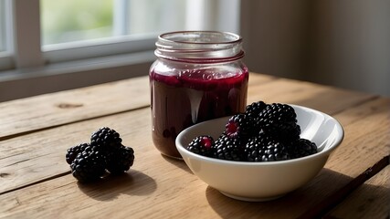 Bowl of yoghurt and blackberry compot on wooden table. The scene is set indoors, in a cozy kitchen with soft natural light filtering through a nearby window. The wooden table has a rustic texture, wit
