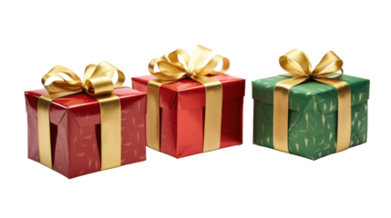 Three red gift boxes with gold bows on an transparent background.