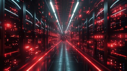A sprawling data center illuminated by rows of blinking lights and humming servers, the heart of a vast digital ecosystem powering the modern world  - obrazy, fototapety, plakaty