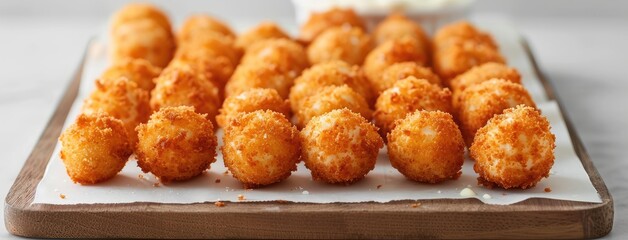 fried chicken meatballs paired with creamy ranch dressing, showcased on a white wooden board against the backdrop of a sleek grey concrete table, inviting customization with ample space for text.